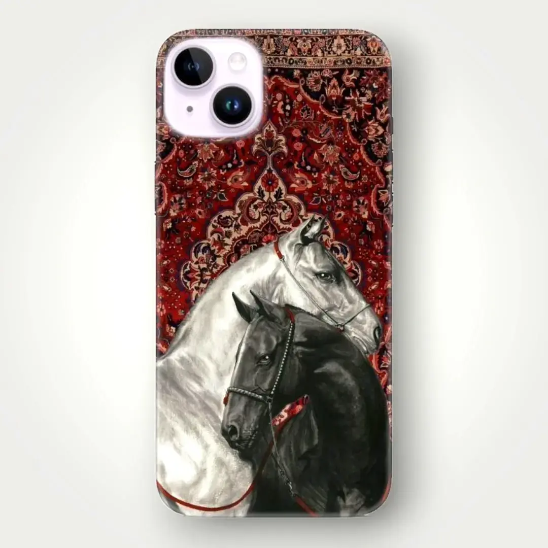 Kırmızı Halı Motifli Çift Atlar Desenli Kılıf